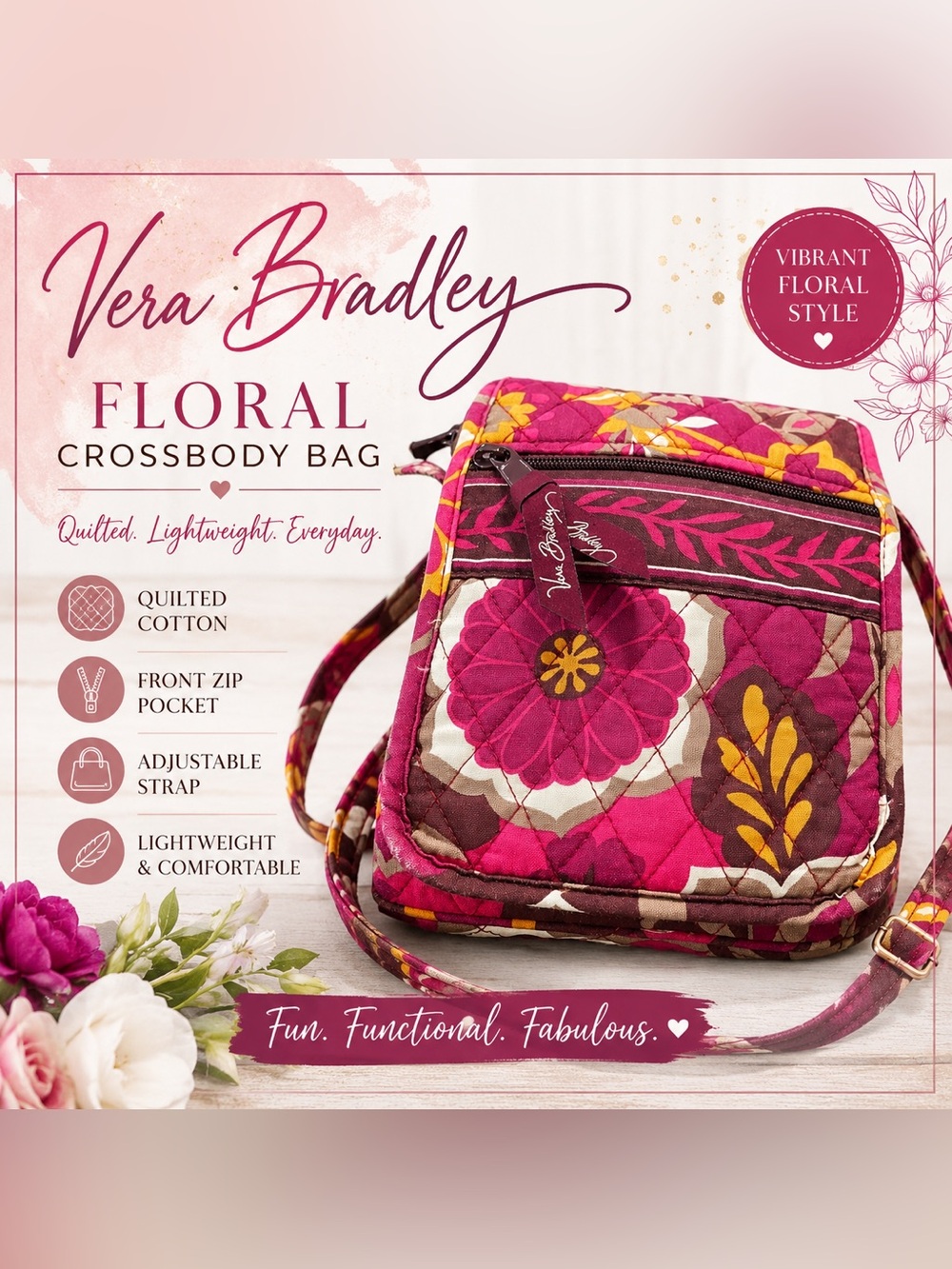 Vera Bradley Floral Quilted Crossbody Bag Pink Brown Yellow Adjustable Strap